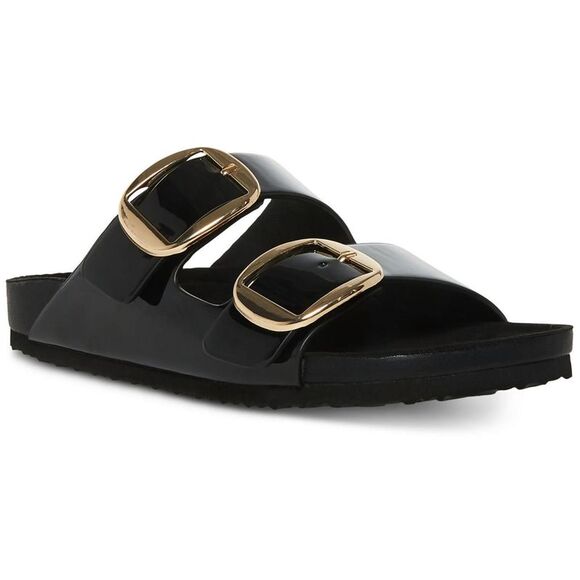 Madden Girl Shoes - Madden Girl Black Patent Slide Sandals with Gold Buckles